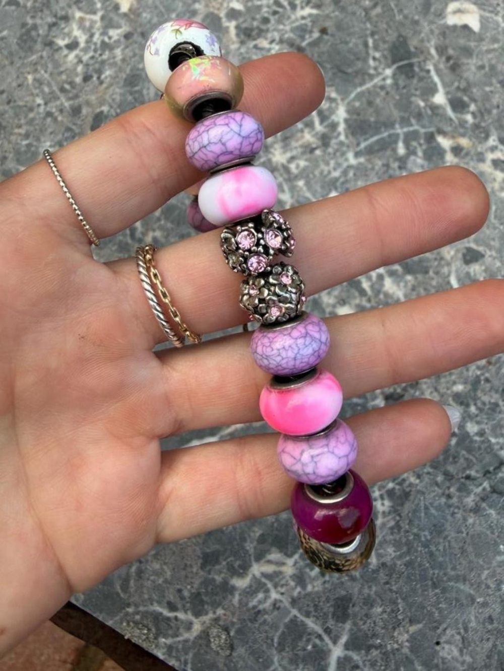 Pink & purple beaded statement bracelet with multicolored colorful charm # - Picture 3 of 4